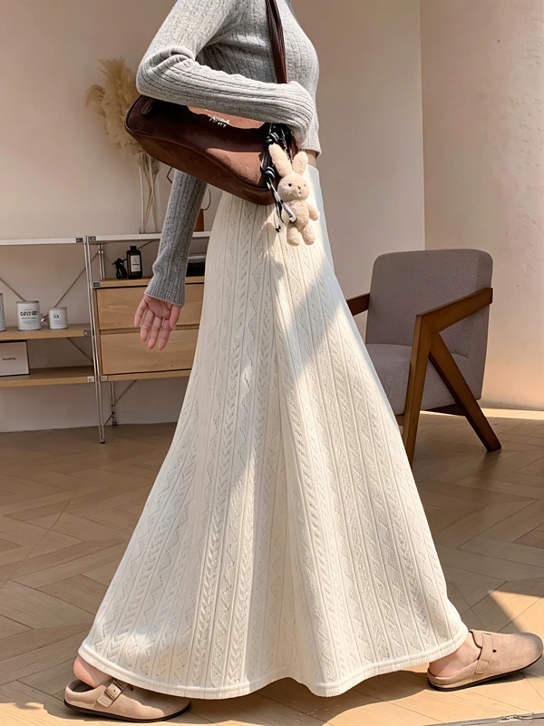 Caramel Texture Knitted A-Line Midi Skirt High Waist Slim Fit Autumn Winter New Style Women's Elegant Atmosphere Skirt