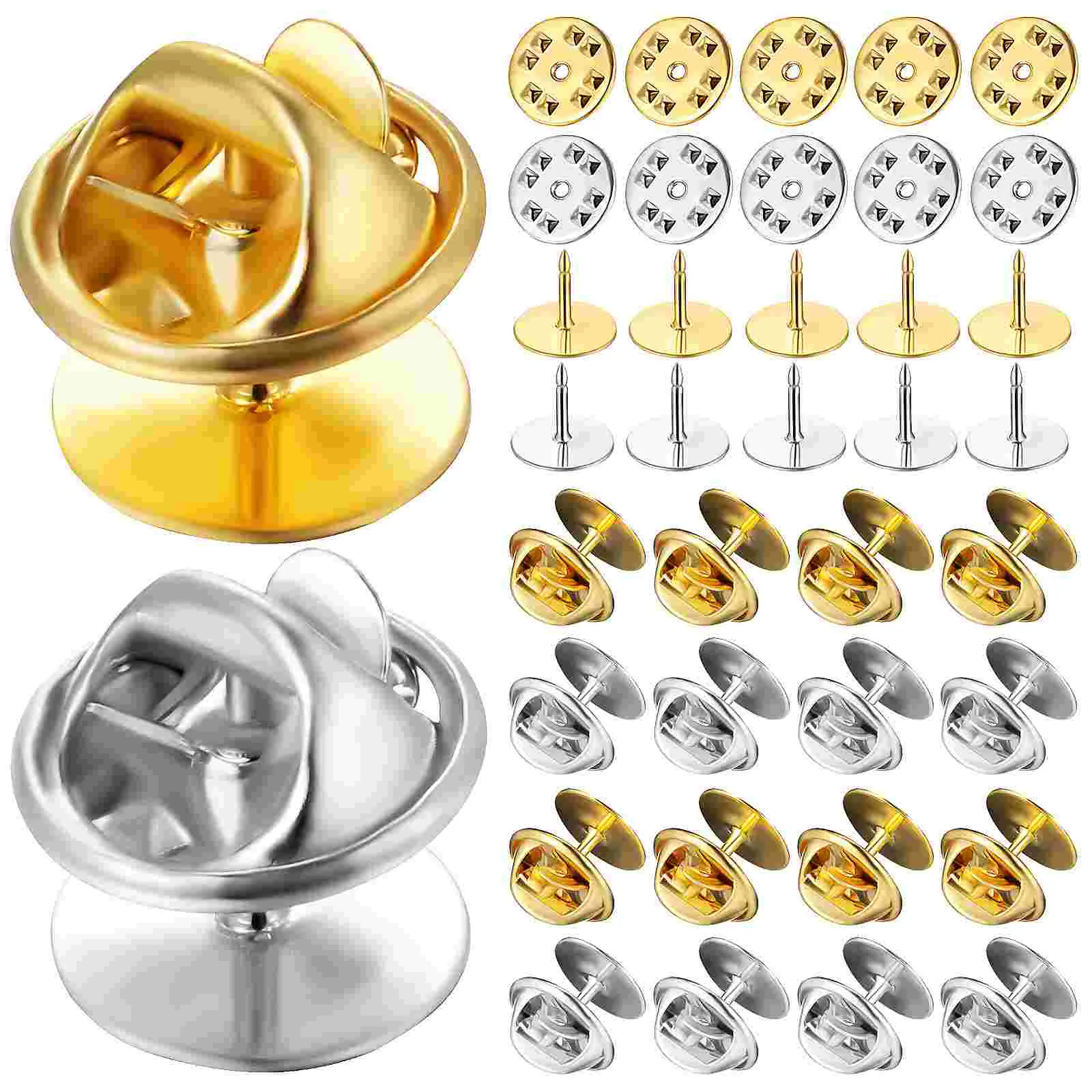 

60 Sets Pin Kits 30 Pin Backings Gold 30 Silver Copper Butterfly Hat Flat Backs Locking Badge Accessories