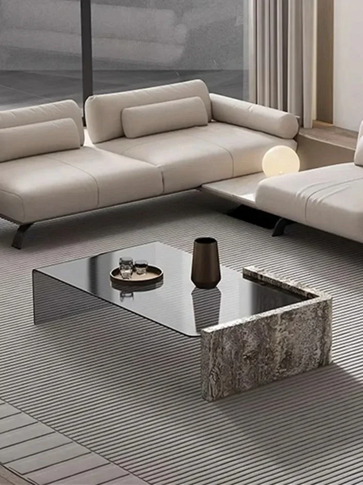 

Light luxury natural marble silver gray travertine bent gray brown glass rectangular strip coffee table