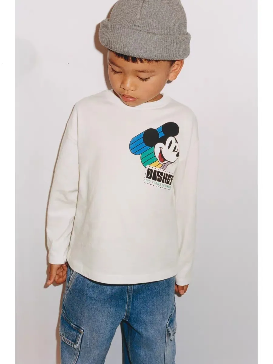 Cartoon Printed Boys Mickey T-shirt Long-sleeved Children's Clothes Fashion Spring New Style Kids Base Shirt Crewneck Tops 1-6y