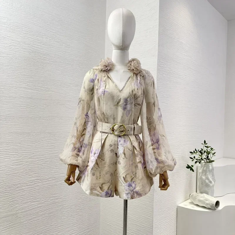 Appliques 2024 Women New Collection High Quality Floral Print Lantern Sleeve Pure Silk Blouse and Belted Linen Shorts Sets