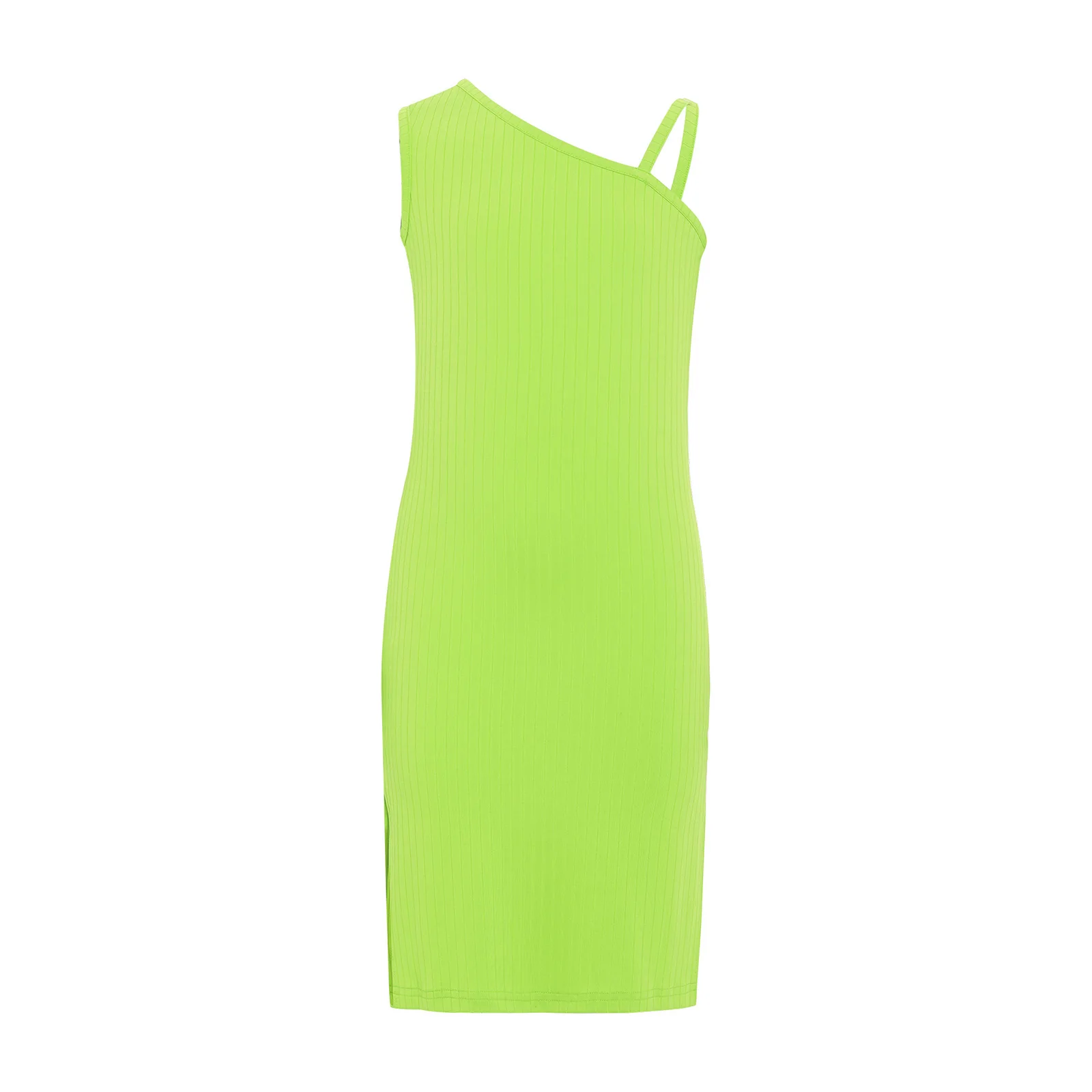 

Kids Girls Dress Sundress Asymmetrical Shoulder Sleeveless Ribbed Texture Sides Slit Bodycon Dress for Holiday Vacation Beach