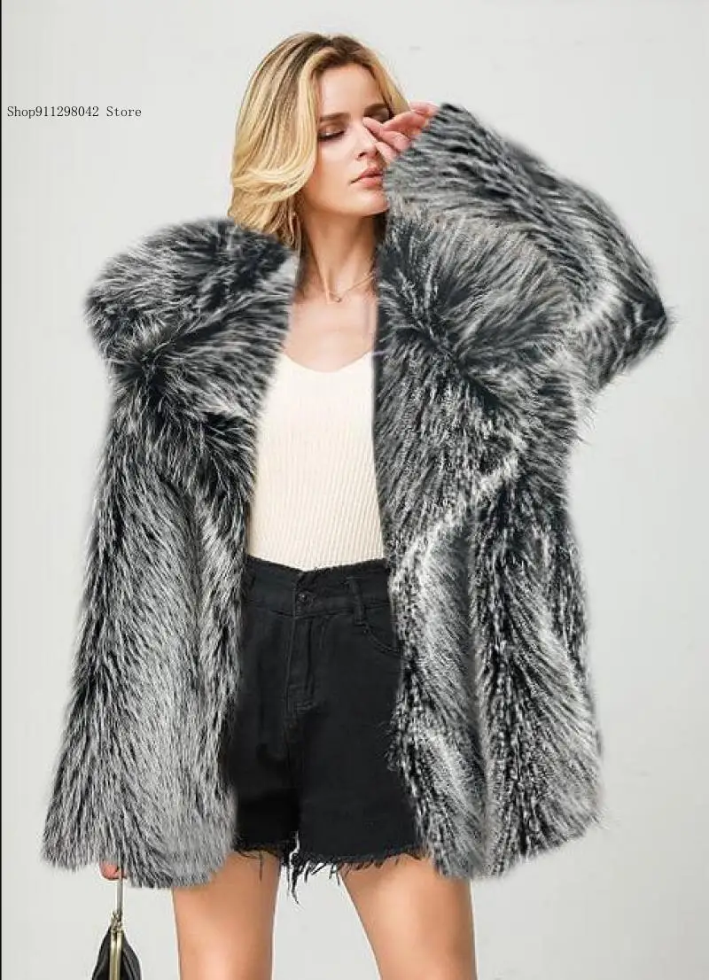 Autumn and Winter Spring Pure Color Lapel Collar Faux Fur Fluffy Jacket Loose Coat Warm Overcoat Woman