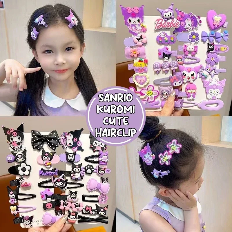 14pcs Sanrio Kuromi 여자를위한 귀여운 헤어 클립 모자를 쓰고 있죠 애니메이션 만화 패션 머리핀 헤어 액세서리 어린이 생일 크리스마스 선물