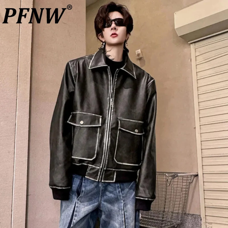 

PFNW Men's PU Leather Jacket High Street Turn-down Collar Large Pockets Baggy Male Short Coat Solid Color Fashion Tide 9C4883