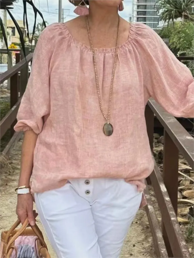 

Casual Solid O Neck Shirt Top Lady Fashion Loose Pullover Holiday Womens Clothing Elegant Office Shirts Tops For Women Summer
