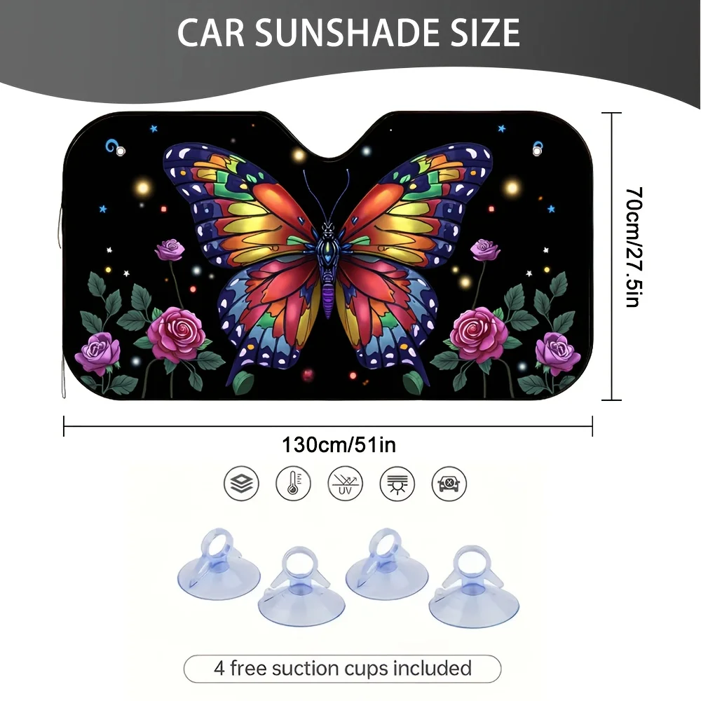 1pc 2D Flat Pring Creative Windshield Sunshade For Car Rainbow Butterfly Rose 100% New Year's Gift Suitable For Protect The Car'