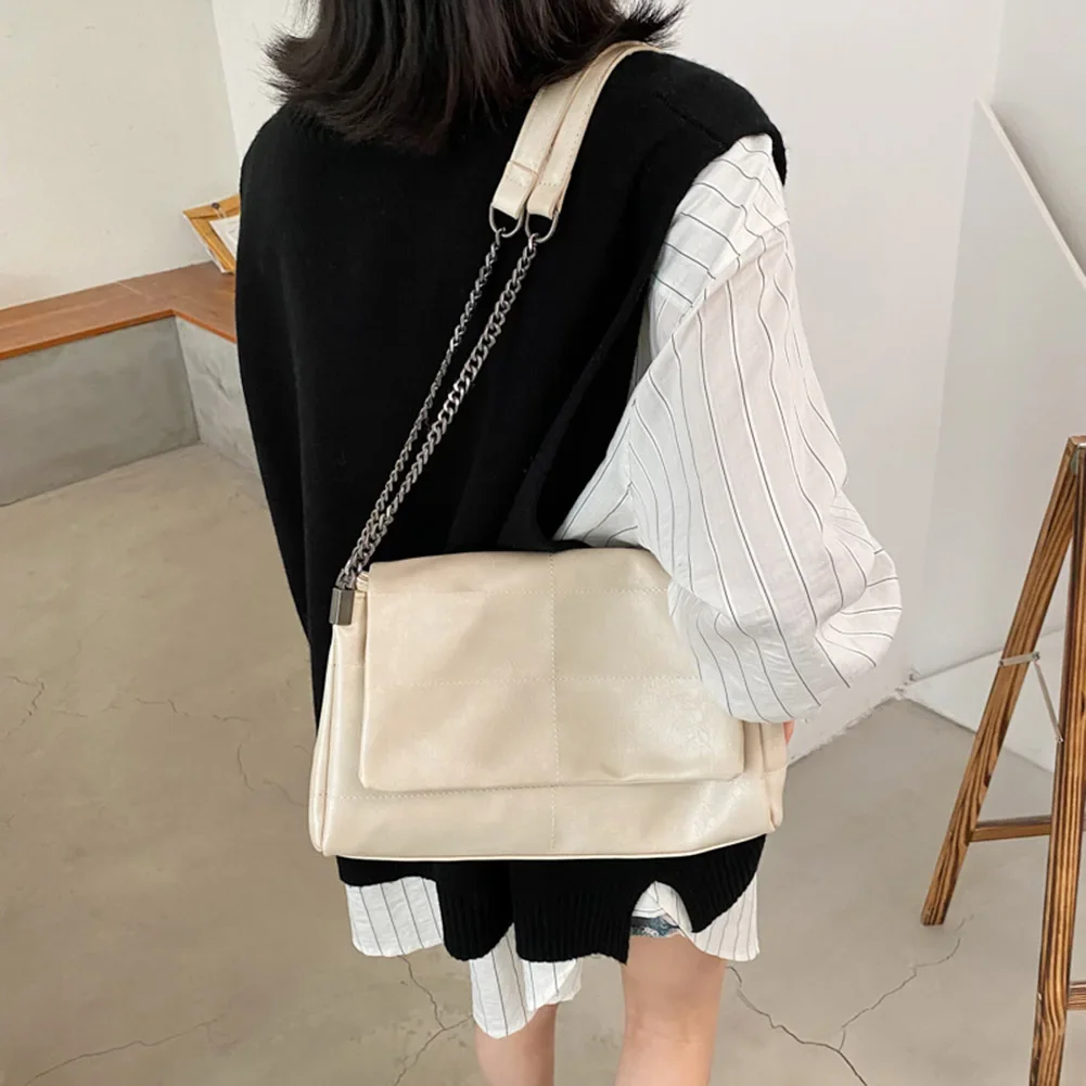 PU Leather Crossbody Bag Large Capacity Women Soft Shoulder Bag Adjustable Strap Solid Color Tote Bag Chain Strap Messenger Bag