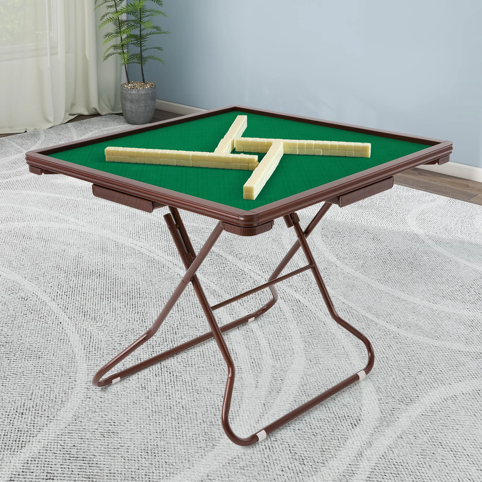 Foldable Square Mahjong Table Wood Board Velvet Desktop Q195 Plastic Steel Frame 150KG Load Noise Reduction Anti-slip Table Leg Rounded Safe Corners Built-in 4 Cup Holders & 4 Hidden Storage Drawers Raised Anti-slip Edge Portable for Family Party Indoor view 2