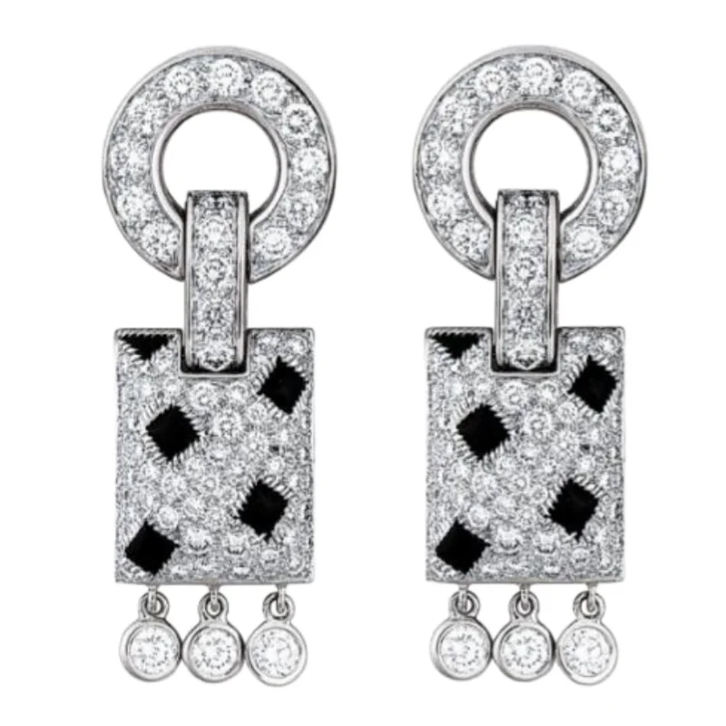 Pendientes colgantes Art Deco chapados en oro blanco con circonita y esmalte negro