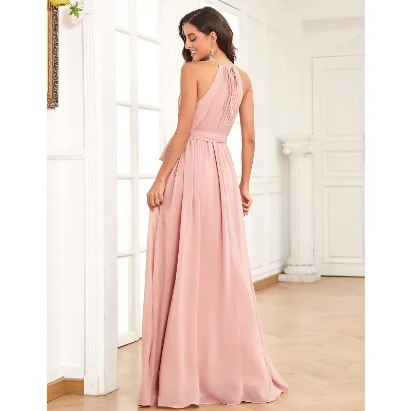 Wakuta-Vestido largo De gasa con cuello Halter para mujer, traje De dama De honor con bolsillo, sencillo, Formal, elegante, para fiesta De noche