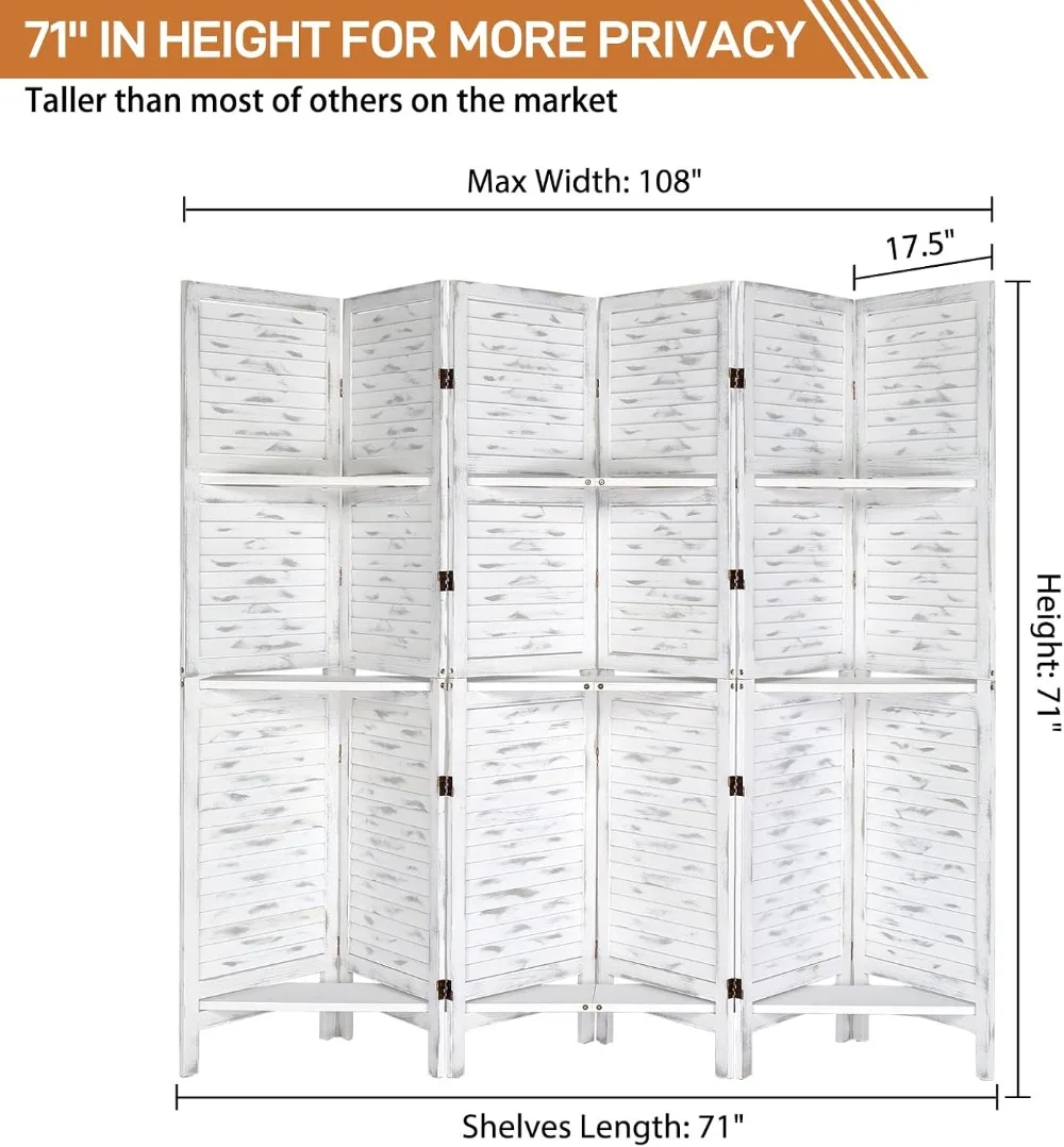 5.9 Ft Tall, 6 Panel Wood Room Divider Folding Partition Wall, Freestanding Hinged, with Shelves