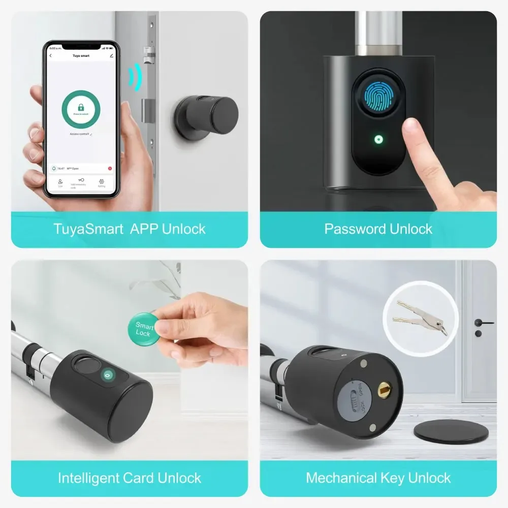 Tuya APP Fingerprint WIFI RFID Card Bluetooth Euro Cylinder Lock Biometric Electronic Smart Door Lock Keyless Entry for Home