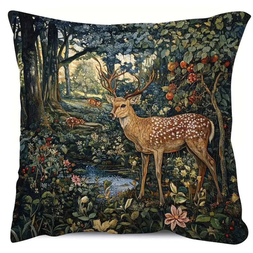 1pc, 18.0X18.0 inch, Short Plush Pillow Cover, William Morris The Brook Tapestry Forest Deer Painting Style Acrylic Print, Double-Sided Christmas Printed Pillow Cover for Sofa Bed Bedroom, Without Pillow Insert LTISAIQ4785