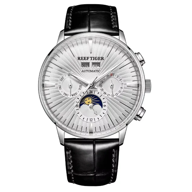 

Мужские автоматические часы Reef Tiger, 42 мм, механические наручные часы, водонепроницаемые до 50 м, светящиеся, с несколькими циферблатами: год, день недели, дата, 24 часа