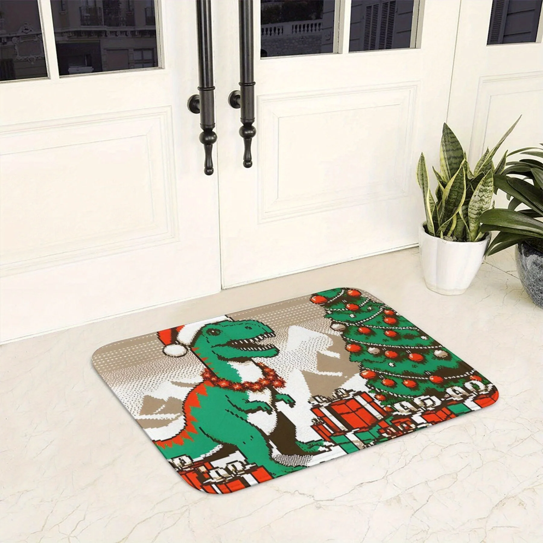 A Rectangular Dinosaur-Themed Christmas Doormat Made of Polyester - a Lightweight, Non-Slip Carpet Suitable for Home Decor, Fe
