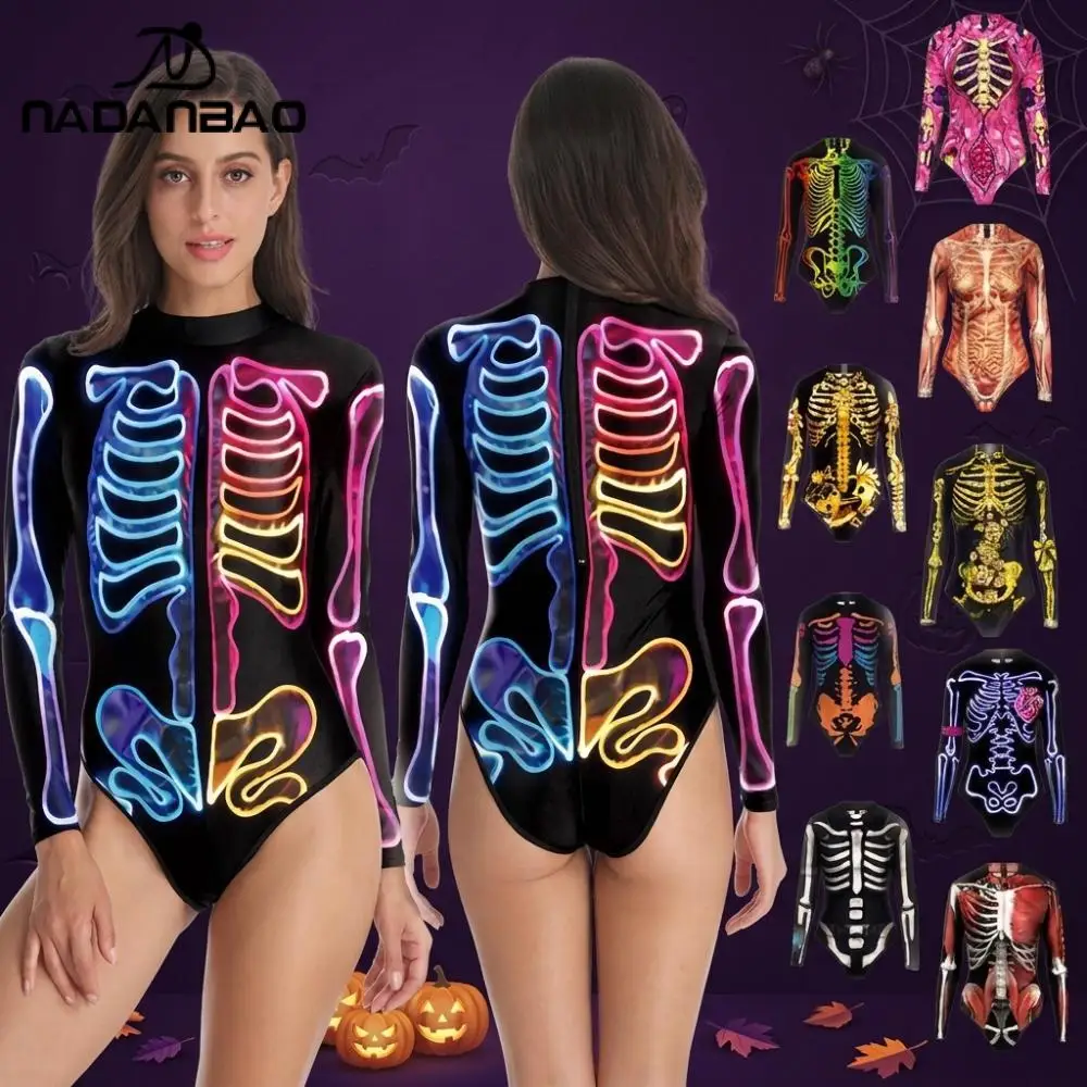 Nadanbao Halloween Skeleton Print One-Piece Swimsuit Women's Slim Swimwear Long Sleeve Zipper Bodysuit Holiday Party Beachwear