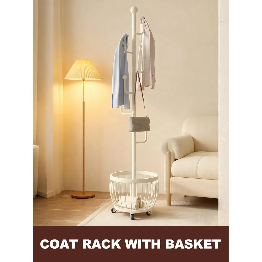 

Coat Rack With Storage Basket, Freestanding Clothes Rack, Coat Rack Stand For Hat Scarves Handbags Clothes, Modern Coat Hanger