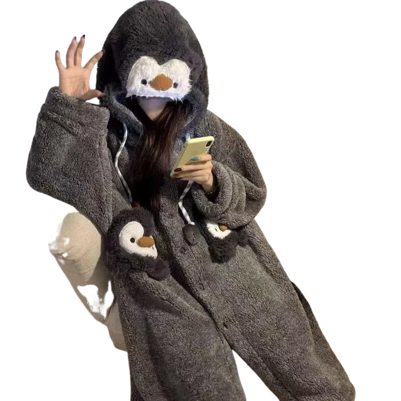 Nowy Kreskówkowy Kawaii Szlafrok Dziewczęcy Jesienno-Zimowy Piżama z Kapturem Odzież Do Spania Polar Koralowy Utrzymujący Ciepło Gruby Strój Nocny Uroczy Zestaw Domowy