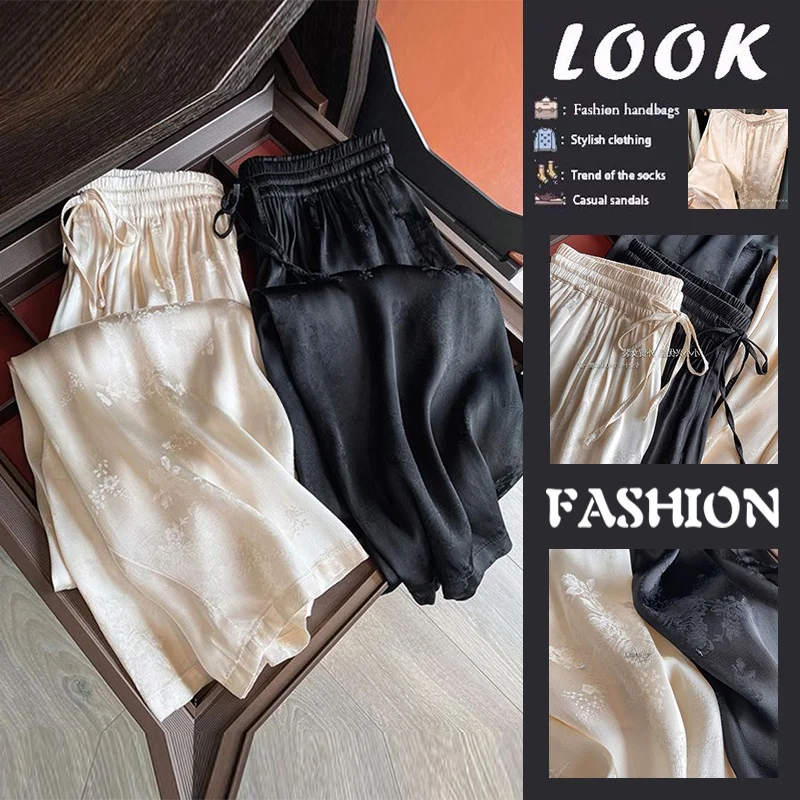 Elegant Floral Embroidery Wide Leg Pants Women Loose Fitting Slimming Drapey Trousers Comfortable Breathable Long Pants
