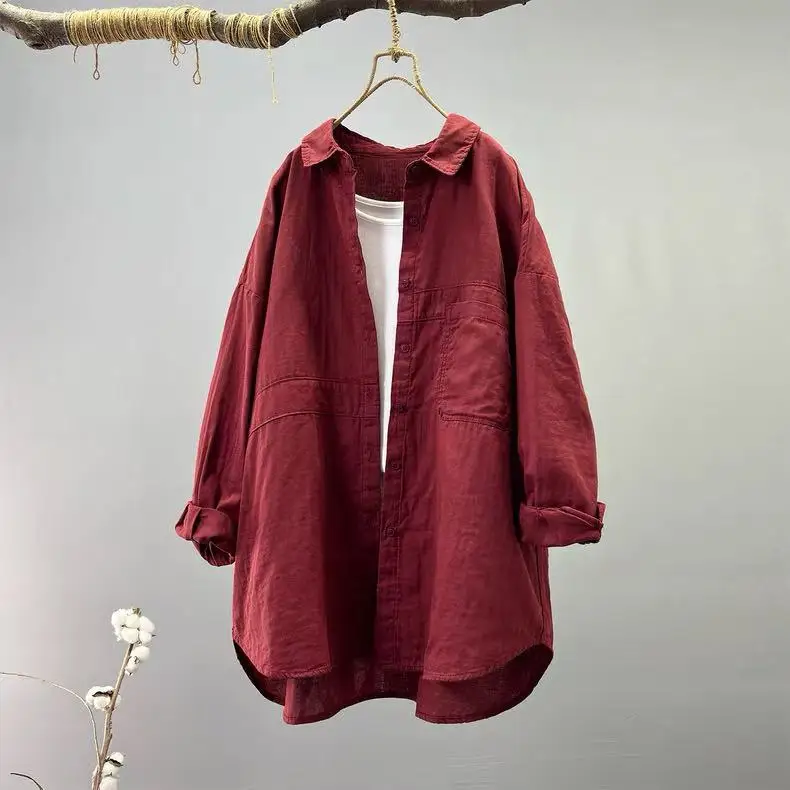 

100% Cotton yarn oversized shirts and blouses for women Japan style casual coffee black red white solid long sleeve tops