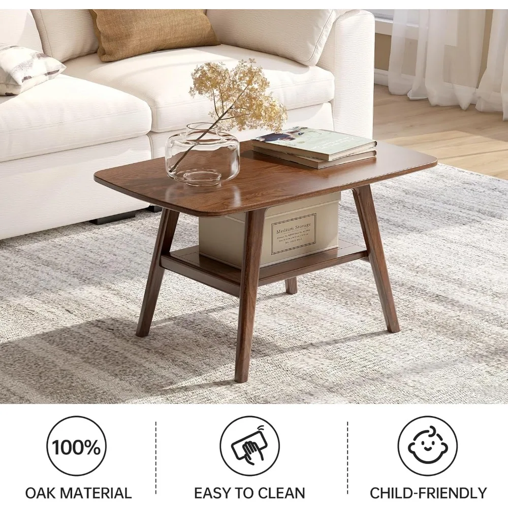 Mid Century Modern Storage Coffee Table，Solid Wood Coffee Table for Living Room, Small Tables with Shelf Storage