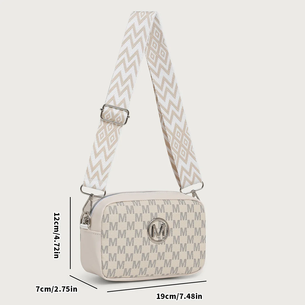 Damen-Umhängetasche im Retro-M-Muster-Design, stilvolle Damen-Umhängetasche, Handy-Geldbörse mit breitem Riemen für Damen, Arbeit, Party, Datum – Detail 4