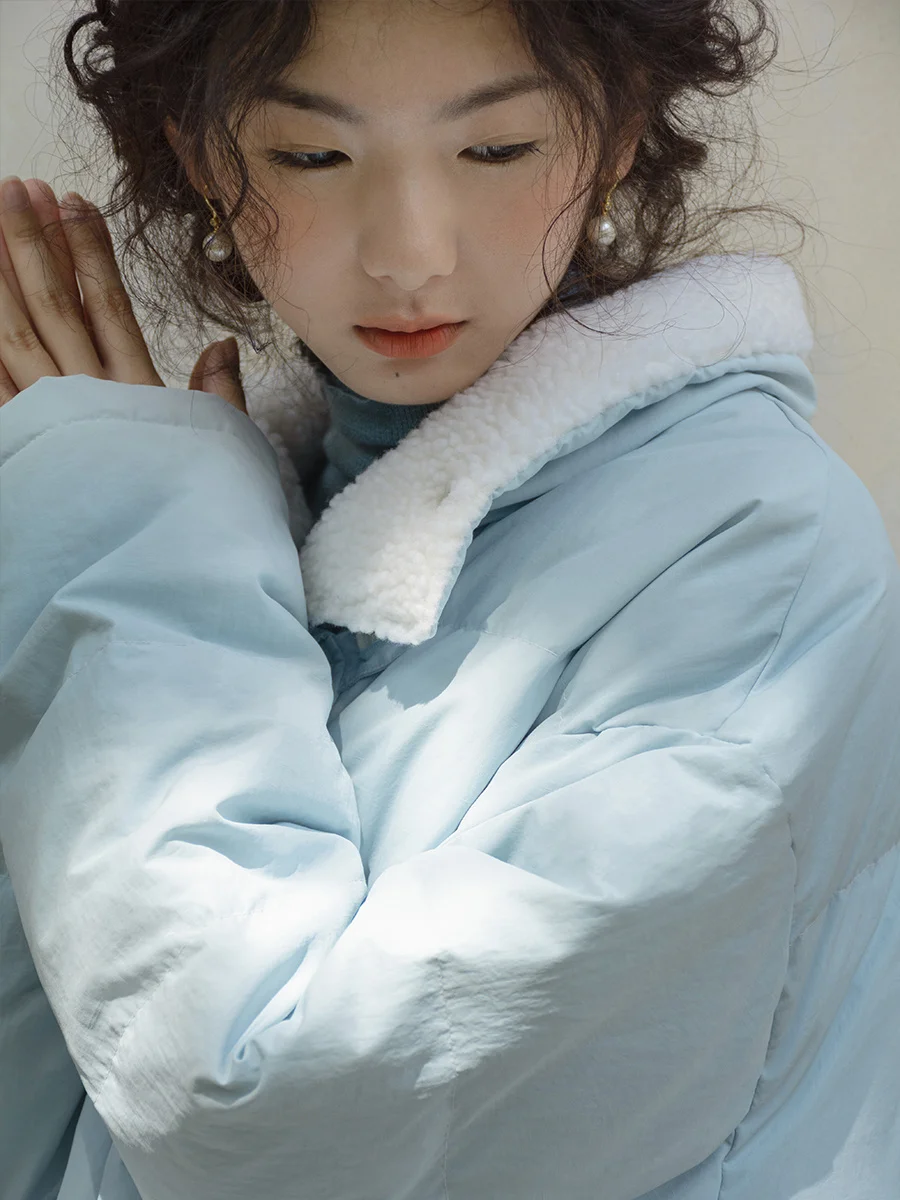 Blue Lambswool Baby Collar down Jacket 90 White Duck down Cute Short Women's Warm Coat Winter New