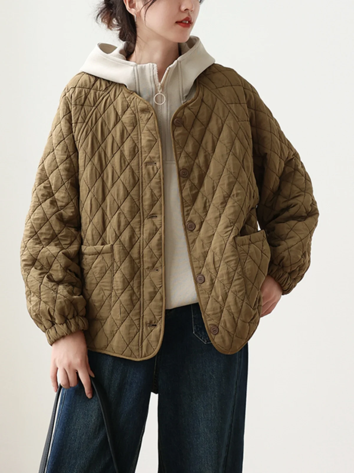 

Artistic Casual Long Sleeve Thin Cotton Jacket round Neck Diamond Pattern Slimming Warm Top New Arrival Winter Outerwear