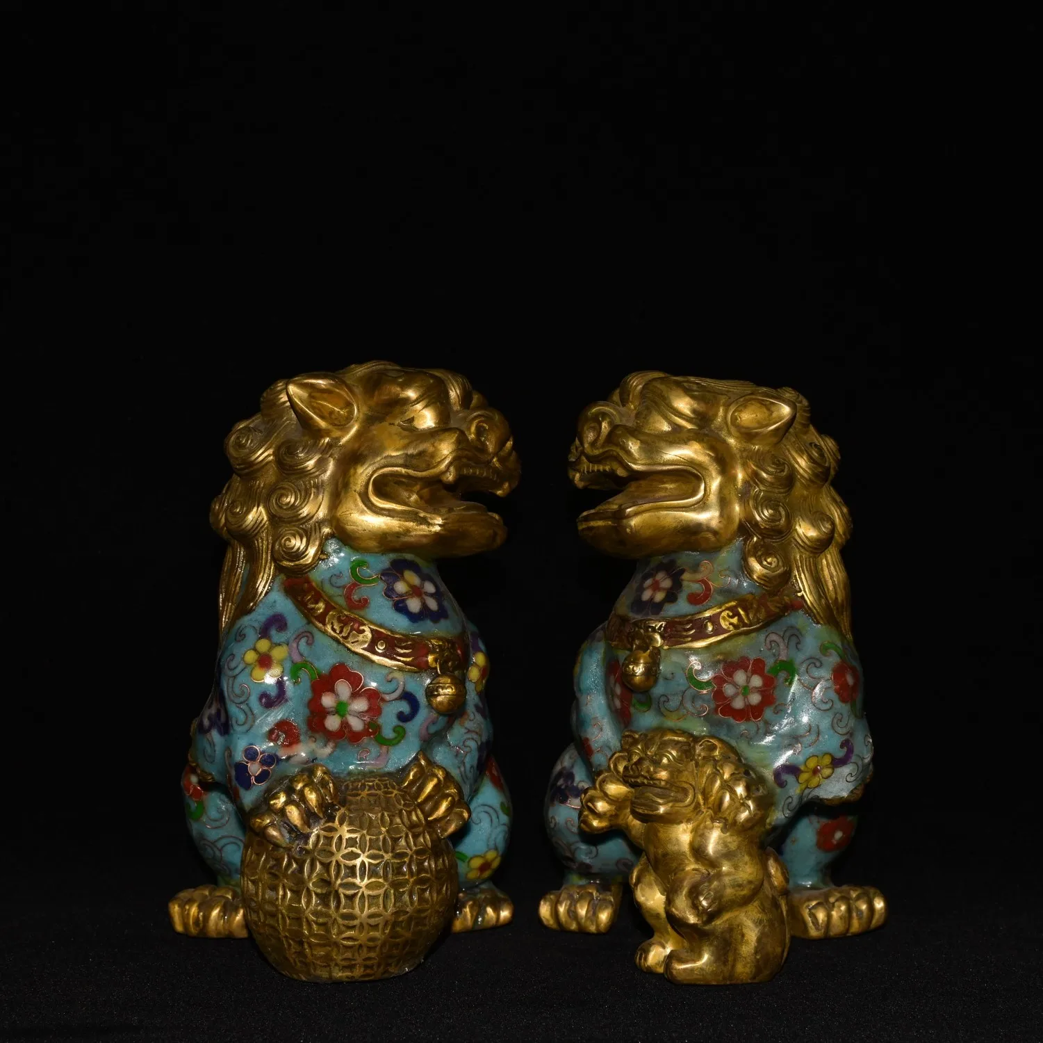 

8"Tibetan Temple Collection Old Bronze Cloisonne Enamel Lucky Lion Statue A Pair Gatekeeper lion Town House Exorcism