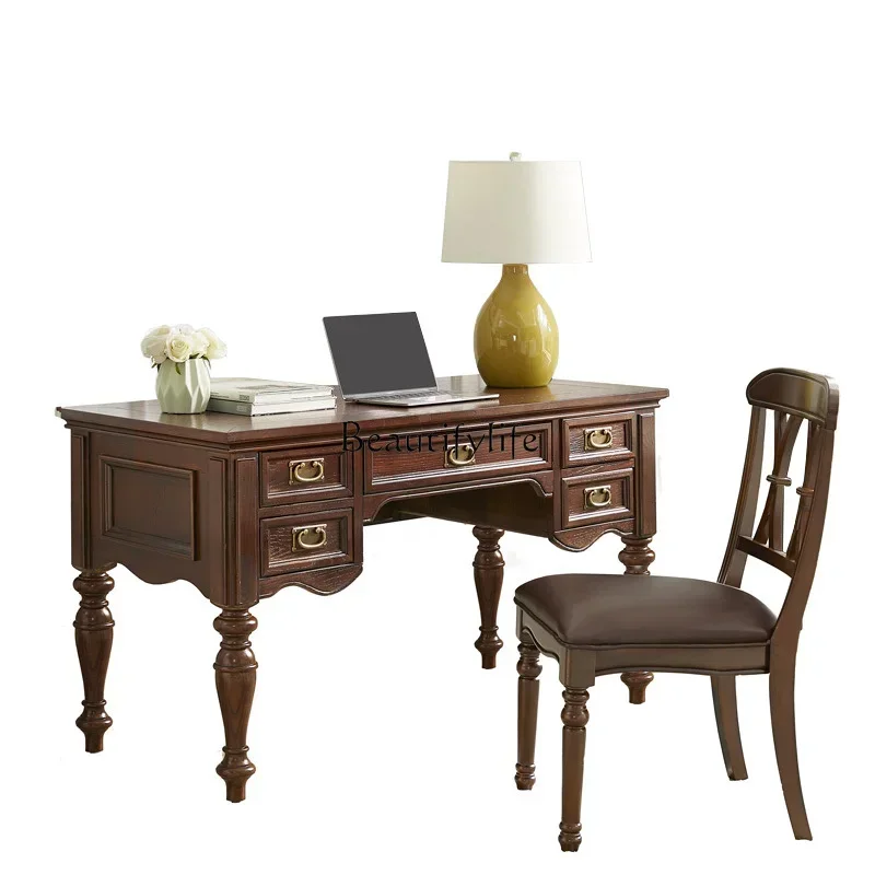 56Simple American all-solid wood large desk rural retro computer desk 5 drawers