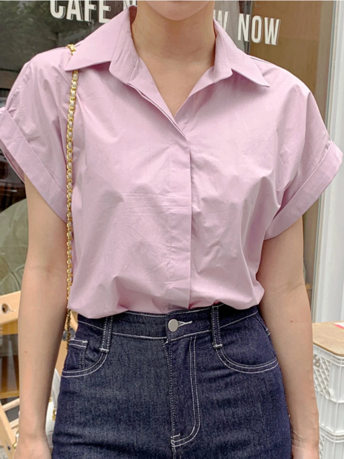 Csa Casual Rosa Fena Estilo Chic de Verão Nova Moda Versátil com Punho e Colarinho  E