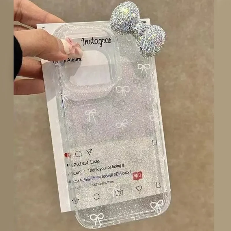 Luxury Sparkling Powder 3D Full Diamond Bow Phone Case For iPhone 17 Air 16 15 Pro Max 14 13 12 11 XR XS X 7 8 Plus Y2K Cover