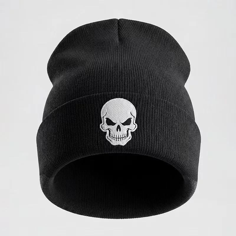 Black Skeleton Embroidered Warm Knit Cap, Street Hip-Hop Versatile Winter Hat for Men Women Outdoor Daily Street Wear