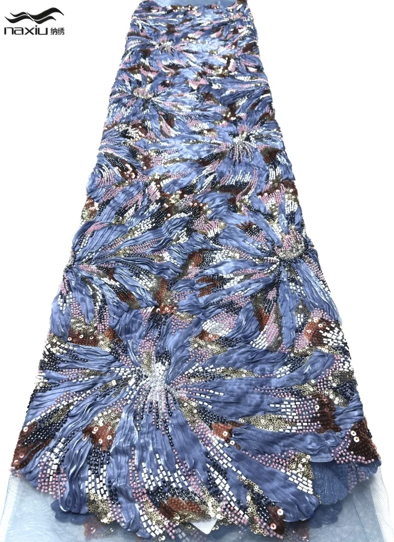 

Madison Luxury African Sequins Lace Fabric High Quality Nigerian French Groom Heavy Beaded for Sewing Wedding Party Dress 5 Y