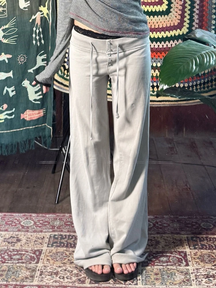 

HOUZHOU Casual Women Pants American Retro Low Waist Loose Straight Pants Gray Lace Up All-match Wide Leg Trousers Streetwear