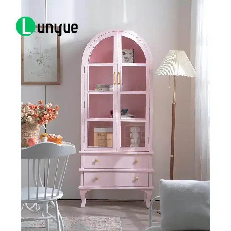 Nordic Arch Storage Sideboard Vintage Pink Solid Wood Cabinet with Glass Door Drawer Furniture for Home Restaurant Decoration