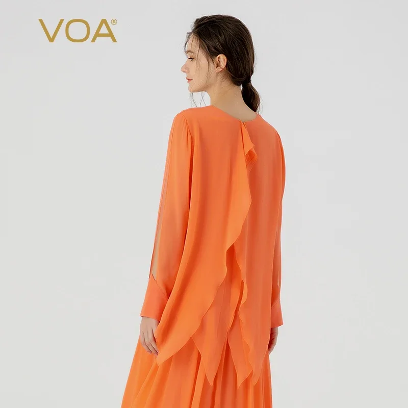 (Fans Exclusive Discount) VOA Orange Silk O-neck Long Sleeve Tops Womens Loose Leaf Pointed Hem Sweet Fashion T-shirt BE1319