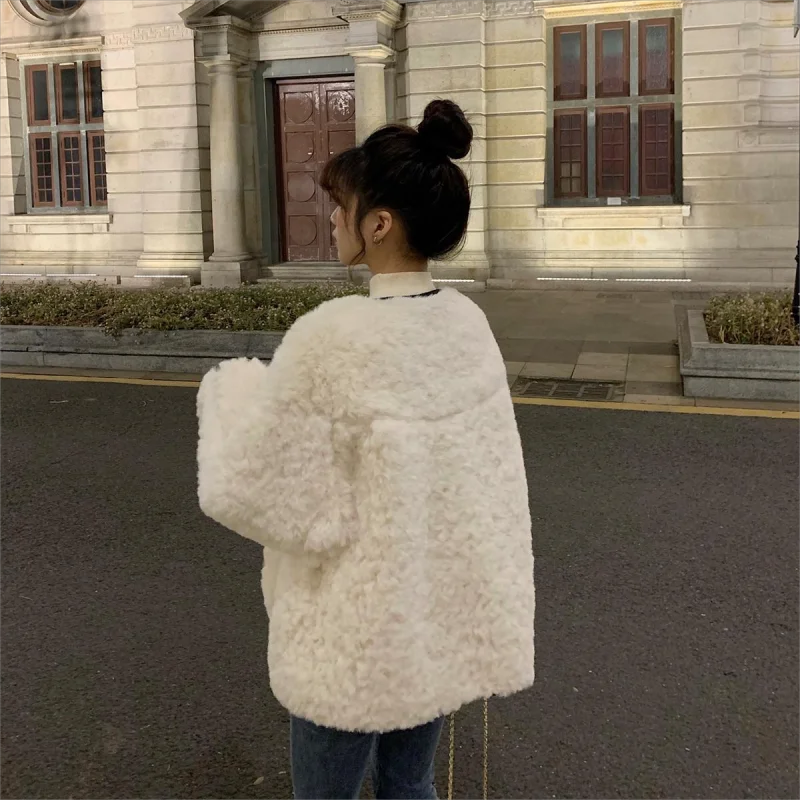 Imitation wool Contrast Warm Women Jacket Fashion Single Breasted Long Sleeve Coat 2024 Winter New Female High Street Outerwear