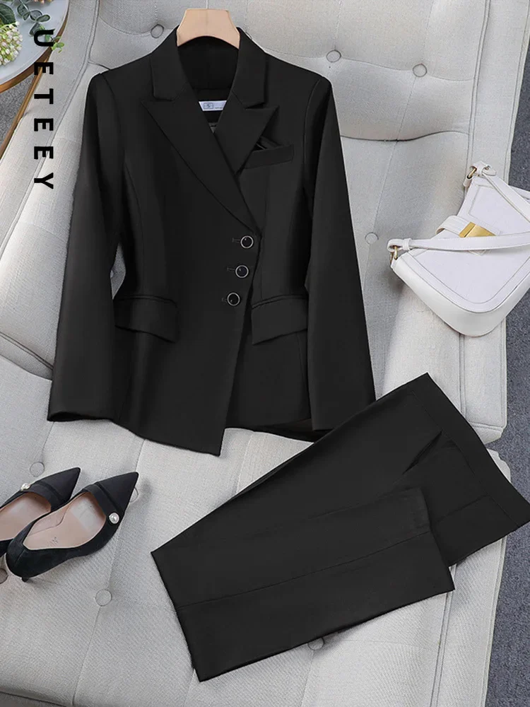 UETEEY офисный серый модный элегантный женский комплект брюк, однобортный комплект на молнии, повседневная рубашка с рукавами, деловая рабочая одежда, комплект из 2 предметов