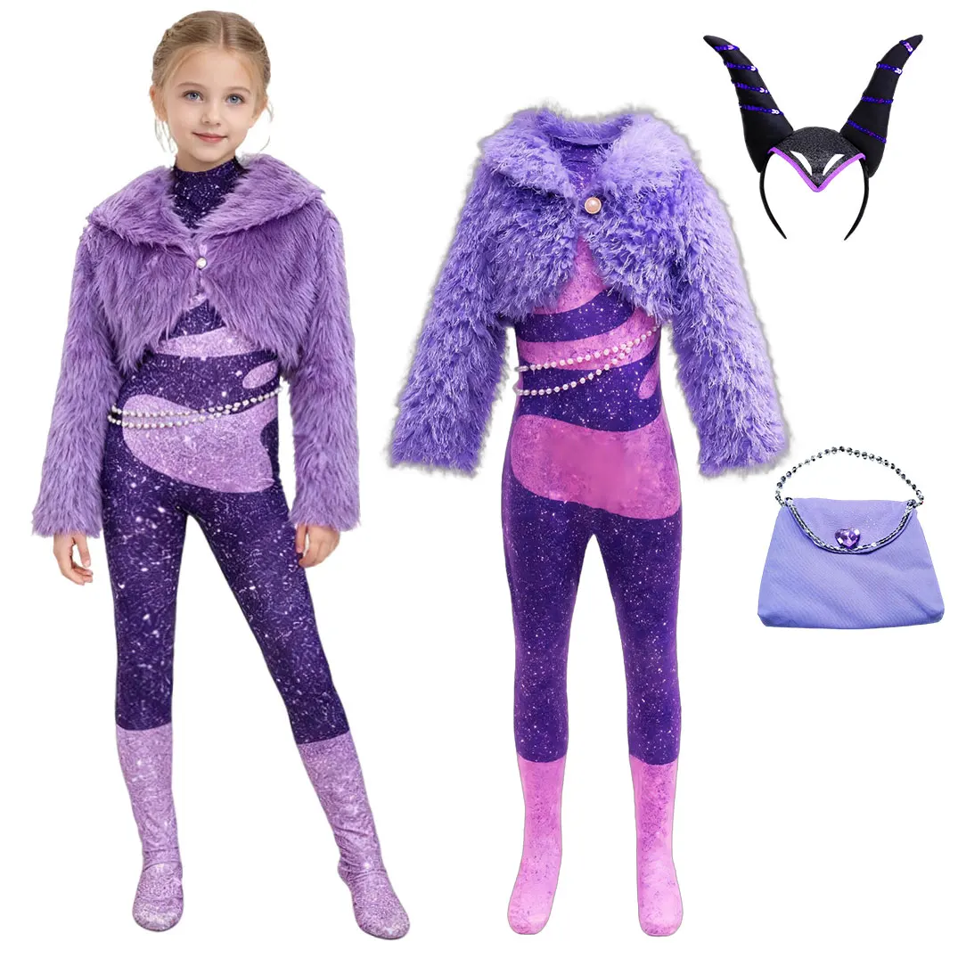 Girl Purple Jumpsuit 2Pcs Set With Faux Fur Cropped Jacket Star Singer Gazelle Cosplay Costume Kids Halloween Party Fancy Outfit
