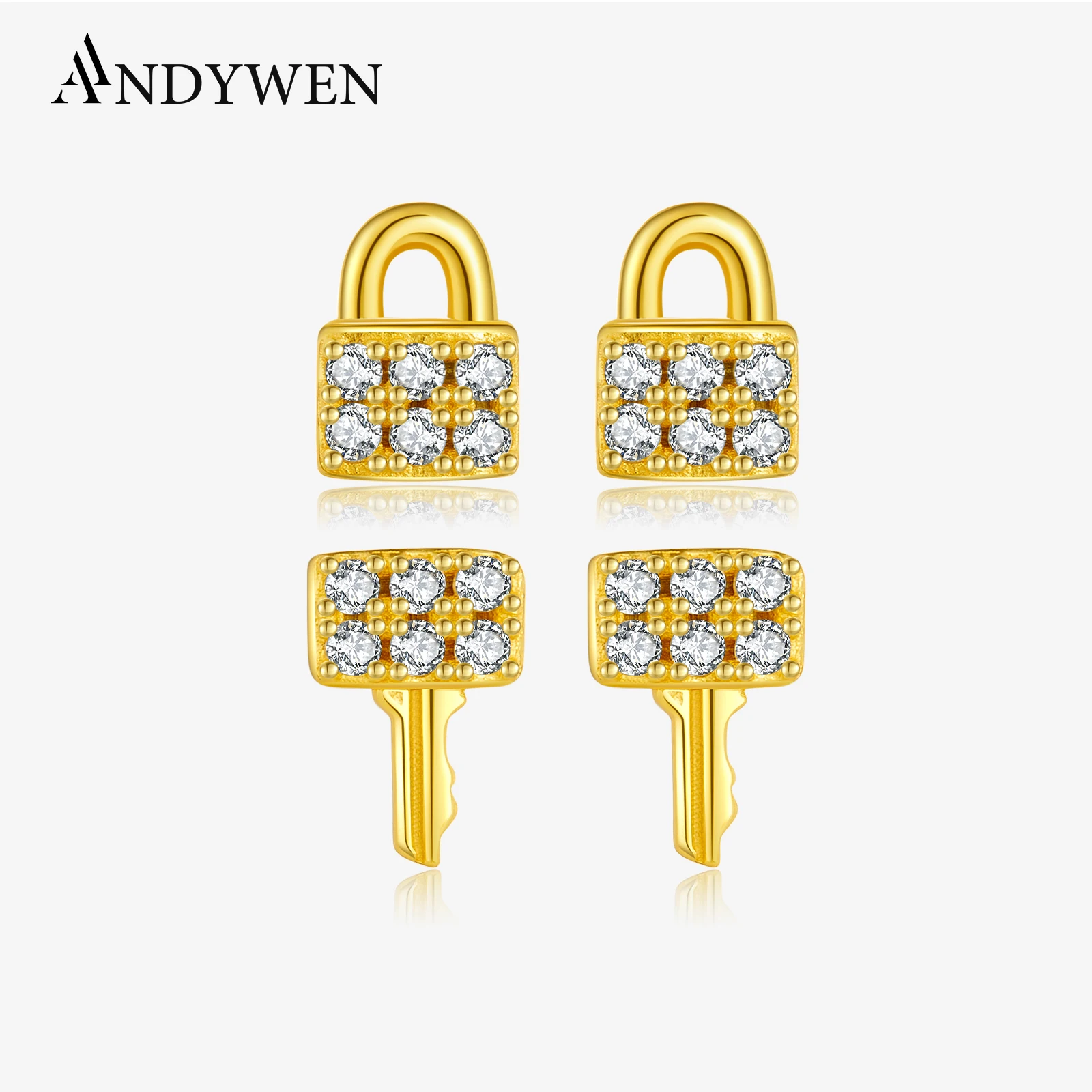 

ANDYWEN Women 925 Sterling Silver Lock Key Shape Zircon CZ Stud Earring Small Luxury Shiny 2024 Party Birthday Casual Jewelry