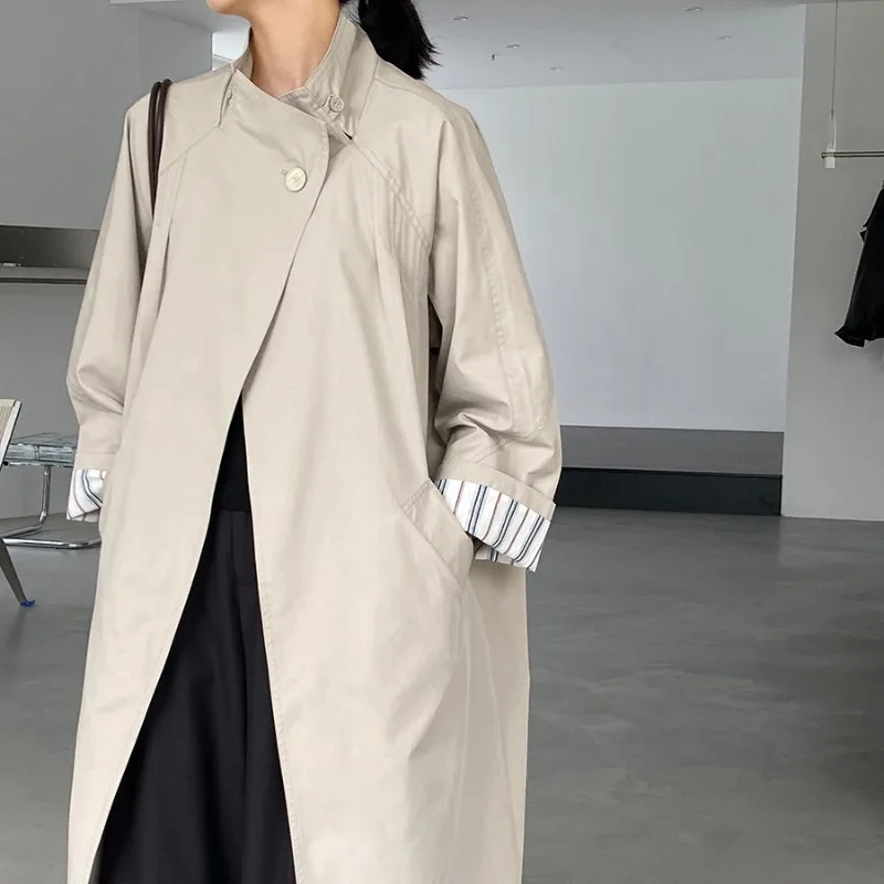 معطف طويل بزر واحد، بلوزة نسائية مخططة كبيرة الحجم ذات طبقات أنيقة