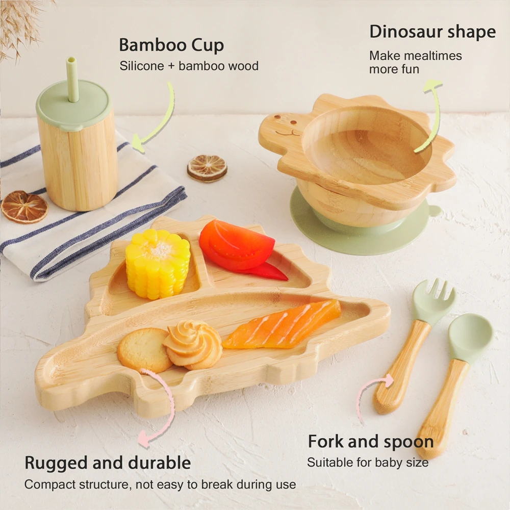 Baby BambooDinner Plate Silicone BPA Free  Children Woodden Tableware Set Baby Bowl Spoon Fork Cup Silicone Feeding Accessories