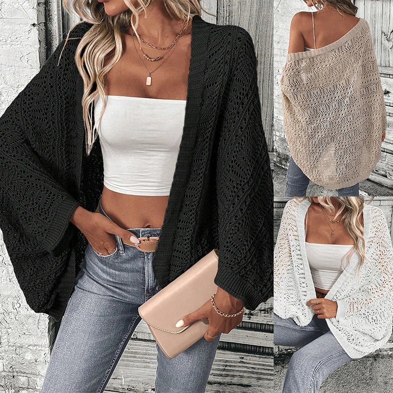 

Pure Color Knitted Open Cardigan Elegantly Designed with Batwing Sleeves Loose Fit for Women Front Opening Style