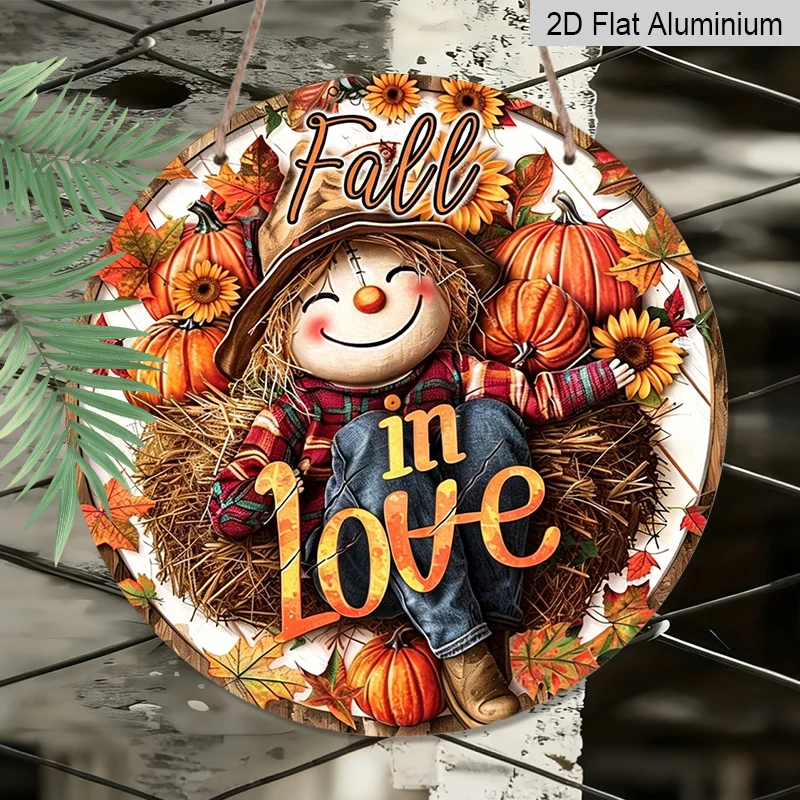 2D Flat, 1pc Vintage Fall in Love Scarecrow & Pumpkin Round Aluminum Sign - Rustic Autumn Farmhouse Wall Decor with Pre-Drilled