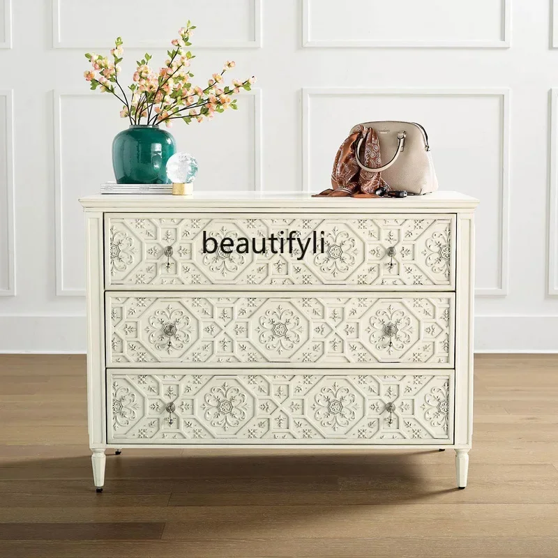 

45Retro decorative chest American solid wood carving flower white storage cabinet bedroom locker