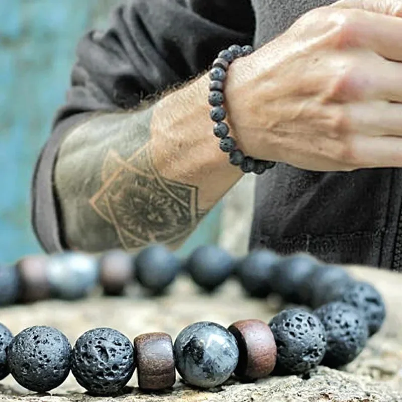 8mm bransoletka z kamienia wulkanicznego dla mężczyzn lawa drewniane koraliki bransoletka tybetański budda męski łańcuszek na nadgarstek biżuteria ręcznie robiona elastyczna bransoletka