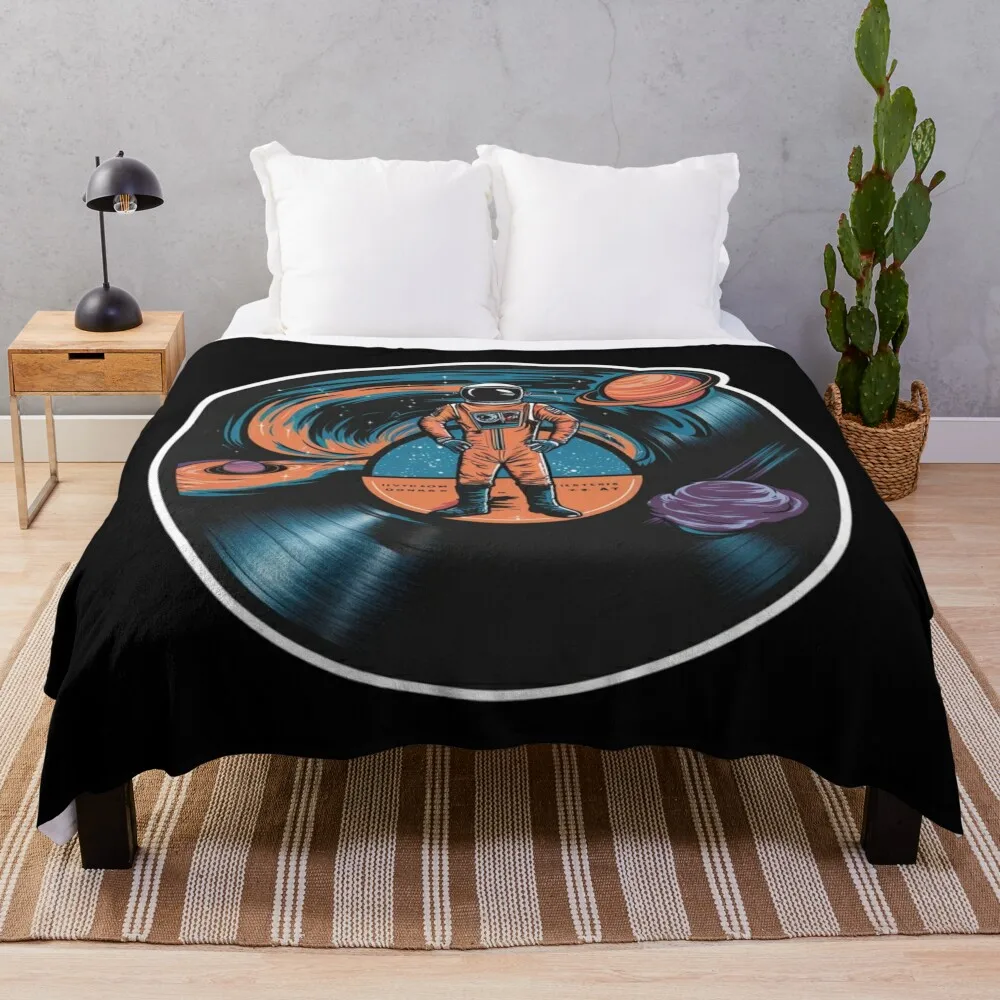 

Cosmic Sound - Astronaut on a Retro Vinyl Record Throw Blanket Flannel for sofa Stuffeds Tourist Blankets