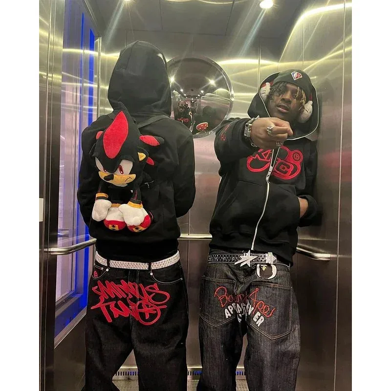 Y2K moda símbolo estampado Harajuku suelta Casual cremallera Sudadera con capucha hombre cárdigan sudadera de gran tamaño ropa informal alta Hiphop cálido NM33